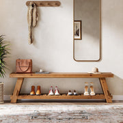 63-Inch Farmhouse Solid Wood Entryway Bench with Shoe Storage Shelf for Hallway