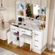 White Dressing Table Stool Makeup Desk with LED Mirror and 5 Drawers & 4 Shelves