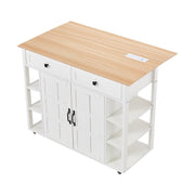 2 Doors 2 Drawers Rolling Kitchen Island with Drop Leaf Tabletop and UK Socket