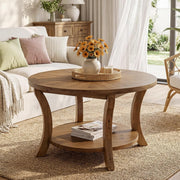 80cm Modern Round Solid Wood Coffee Table with Storage Shelf for Living Room