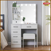 Dressing Table with Mirror, 10 LED Lights, Drawers, Stool Set Makeup Desk Vanity