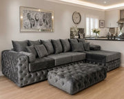 Ashton L Shape Corner Sofa with Chaise End Grey Plush Velvet | FREE Footstool