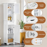Tall Bathroom Storage Cabinet, 170cm Storage Organizer with Glass Door, White