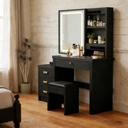 Black Dressing Table With Drawers Led Mirror Stool Makeup Desk Vanity Table Set