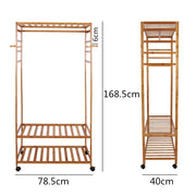3 Tier Clothes Rack Heavy Duty Wood Garment Shelves Rolling Wheels Side Hooks