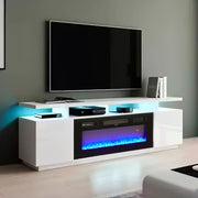 70inch White TV Stand Unit Cabinet with Electric Fireplace & 12 Colour LED Light