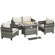 5 PCs Rattan Garden Furniture Set with Fire Pit Table, Grey