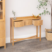 Pale Wood Curved 3 Drawer Console Table with Hessian & Glass Top - Austin Wood R