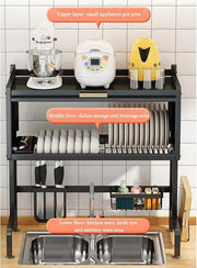 Space Saving Over The Sink Dish Drying Rack with Cover 2 Tier Dish Drainer Large