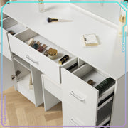 Modern Vanity Desk White Makeup Desk 5 Drawers 10 LED Lights Mirror and Stool