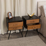 Pair of Mid-Century Modern Wood & Black 2 Drawer Bedsides - Industrial Range