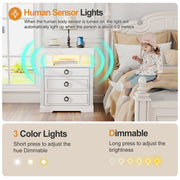 Bedside Table with Charging Station, Smart End Table with 3-Colour LED Lights
