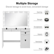 White Dressing Table with LED Lights Mirror Stool Drawers Vanity Makeup Desk Set