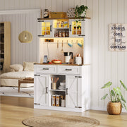 White Tall Kitchen Pantry Cabinet Highboard LED Lights Barn Doors 2 Drawers