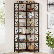 Corner Bookshelf, Large Modern Corner Bookcase with Metal Frame for Living Room