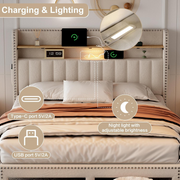 Double Bed Frame 4ft6 Upholstered Storage Bed USB-C Shelving Headboard Beige