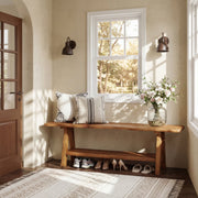 55 Inch Farmhouse Solid Wood Entryway Bench with Open Storage Shelf for Hallway