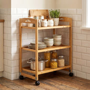 3-Tier Storage Rolling Cart Bamboo Utility Cart w/4 Universal Wheels