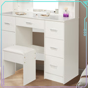 Modern Vanity Desk White Makeup Desk 5 Drawers 10 LED Lights Mirror and Stool