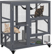 Cat Cage House Catio Indoor Enclosure on Wheels Fir Wood Grey 3 Levels