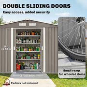 9 x 6FT Galvanised Garden Storage Shed with Sliding Door, Grey