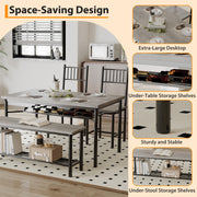 4-Piece Grey Dining Set for 4, Rectangular Table, 2 Chairs & Bench W/ Rack