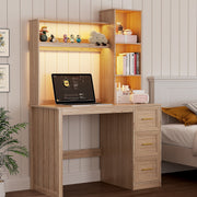 Home Office Desk with Hutch and Drawers Computer Desk with Power Outlets and LED