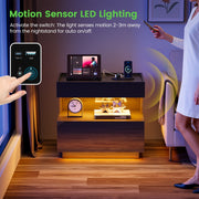 Bedside Table Hidden Drawer 3 Colour LED Motion Sensor USB & Type-C Charging