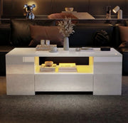 White High Gloss Rectangular Coffee Table LED Lights Storage 2 Drawers 95x55
