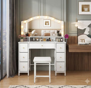 Dressing Table Makeup Desk LED Mirror Vanity Set 7 Drawers Organizer Stool White