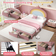 4ft6 Double Bed Frame Pink Rainbow Headboard 2 Storage Drawers Kids Girls