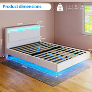Floating Double Bed Frame w/ LED Lights & Upholstered Headboard,Charging Station