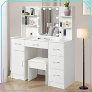 Modern Vanity Desk White Makeup Desk 5 Drawers 10 LED Lights Mirror and Stool