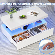 COFFEE TABLE WITH LED HIGH GLOSS COFFEE TABLE RECTANGULAR CENTRE 2 DRAWERS WHITE
