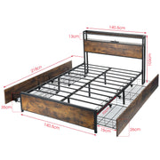 Double Size Bed Frame Metal Bed Platform LED Lights Headboard & 4 Storage Drawer