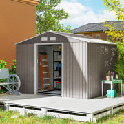 9 x 6FT Galvanised Garden Storage Shed with Sliding Door, Brown