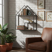 House Shaped Wall Shelf Retro Metal and Wood Display Shelf for Bedroom,