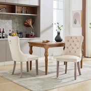 Set of 2 Dining Chairs !SALE! Beige Velvet Button Tufted Upholstered Wood Legs