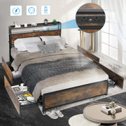 Double Size Bed Frame Metal Bed Platform LED Lights Headboard & 4 Storage Drawer