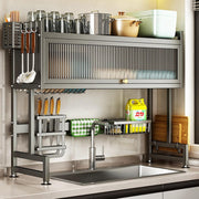 Space Saving Over The Sink Dish Drying Rack with Cover 2 Tier Dish Drainer Large