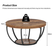 Round Coffee Table, Industrial 2-Tier Circle Coffee Table with Storage Shelves