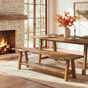 55 Inch Farmhouse Solid Wood Dining Bench with Storage Shelf for Dining Room
