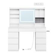 White Dressing Table with LED Lights Sliding Mirror 9 Drawers Vanity Makeup Desk