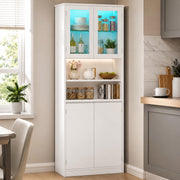 Kitchen Pantry Cupboard LED Tall White Storage Cabinet Glass Doors Shelves 170cm