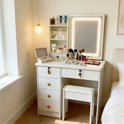 Dressing Table Vanity Makeup Desk Set with LED bulbs Mirror and Stool 6 Drawers