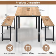 3 PCS Natural Table Set Dining Table & 2 Benches Kitchen Space-Saving Furniture