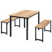 3 PCS Natural Table Set Dining Table & 2 Benches Kitchen Space-Saving Furniture