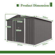 Garden Shed 10X12FT Metal Apex Roof Free Foundation Storage House Grey