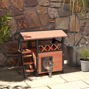 Outdoor Cat House w/ Balcony Stairs Roof, Brown