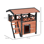 Outdoor Cat House w/ Balcony Stairs Roof, Brown